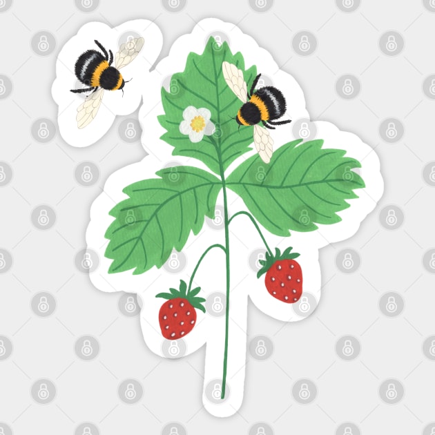 Strawberry plant with bees Sticker by NashTheArtist